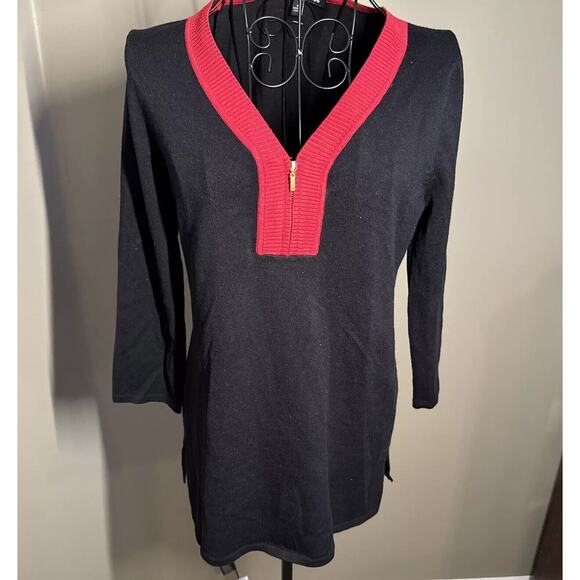 CABLE & GAUGE Women Tunic Sweater Small Black Red Zip Neck Stretch Knit Pullover - Picture 1 of 7